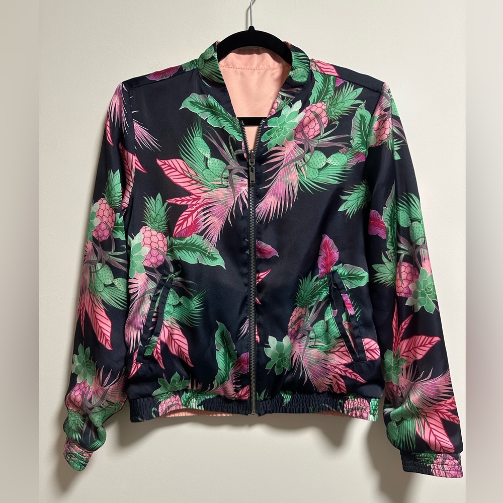 Reversible Patterned Silk Bomber Jacket - Navy Blue & Pink